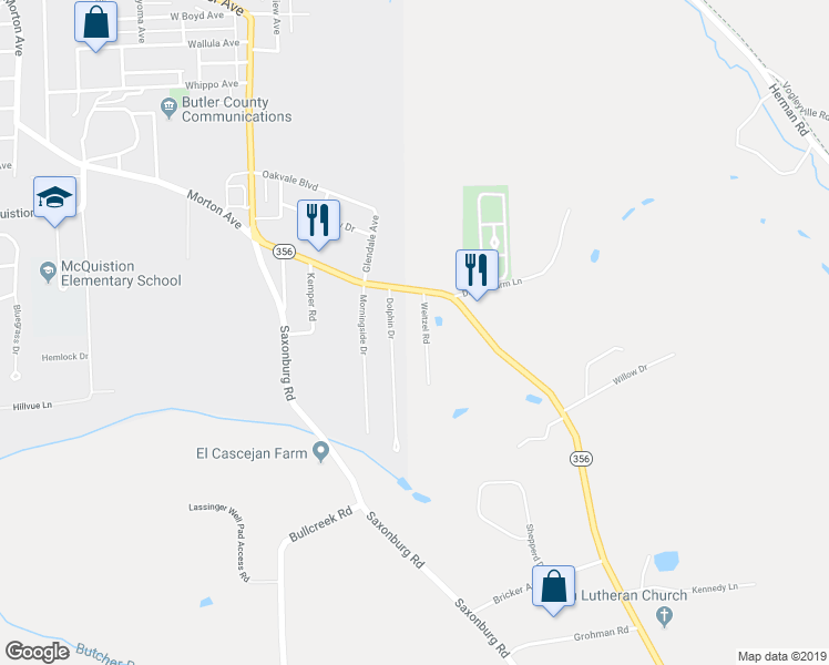 map of restaurants, bars, coffee shops, grocery stores, and more near 106 Weitzel Road in Butler