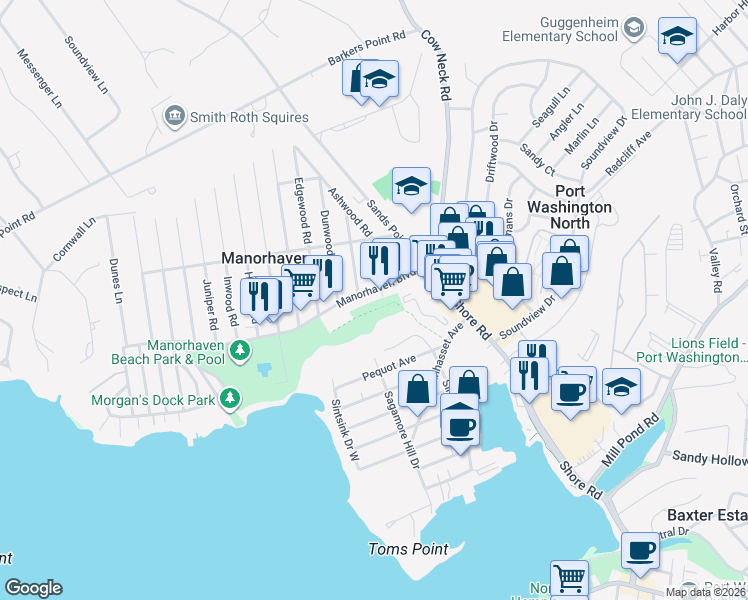 map of restaurants, bars, coffee shops, grocery stores, and more near 30 Manorhaven Boulevard in Port Washington