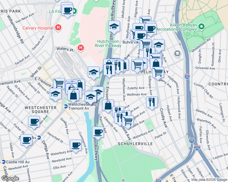 map of restaurants, bars, coffee shops, grocery stores, and more near 2826 Zulette Avenue in Bronx