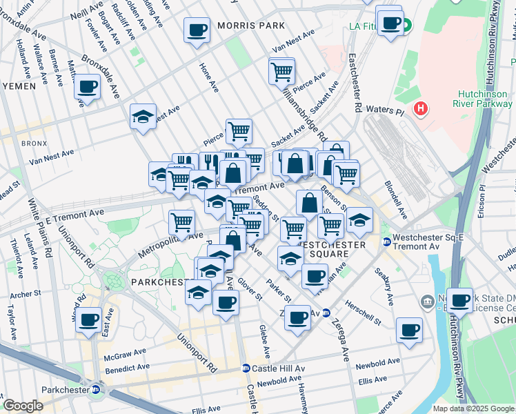 map of restaurants, bars, coffee shops, grocery stores, and more near 1741 Seddon Street in The Bronx