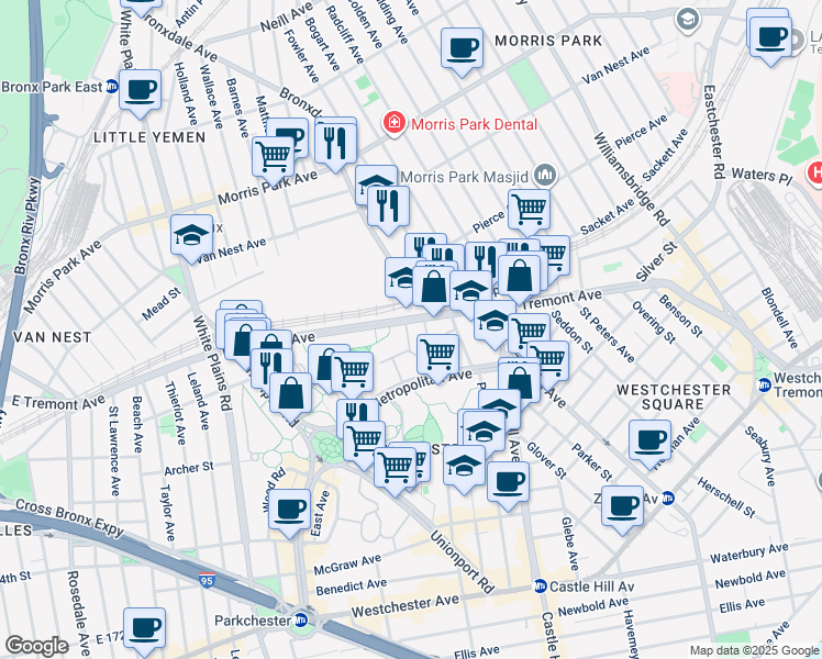 map of restaurants, bars, coffee shops, grocery stores, and more near 2205E East Tremont Avenue in Bronx