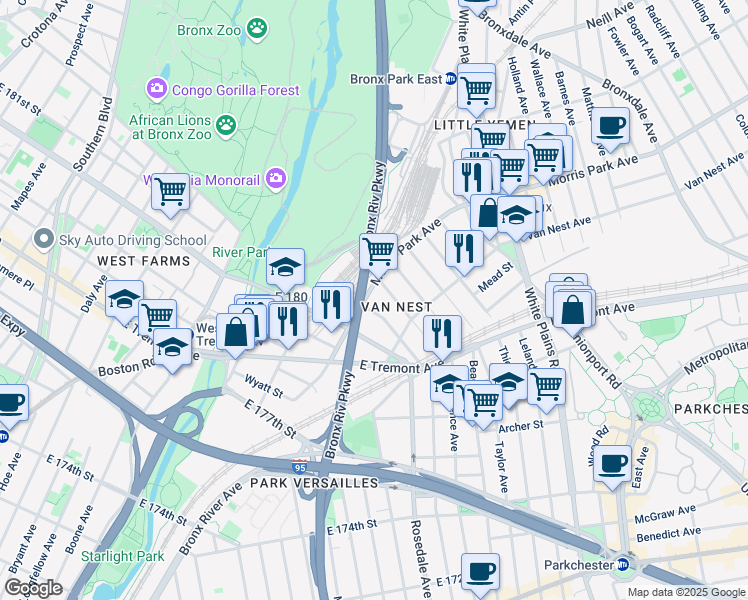 map of restaurants, bars, coffee shops, grocery stores, and more near 510 Morris Park Avenue in The Bronx