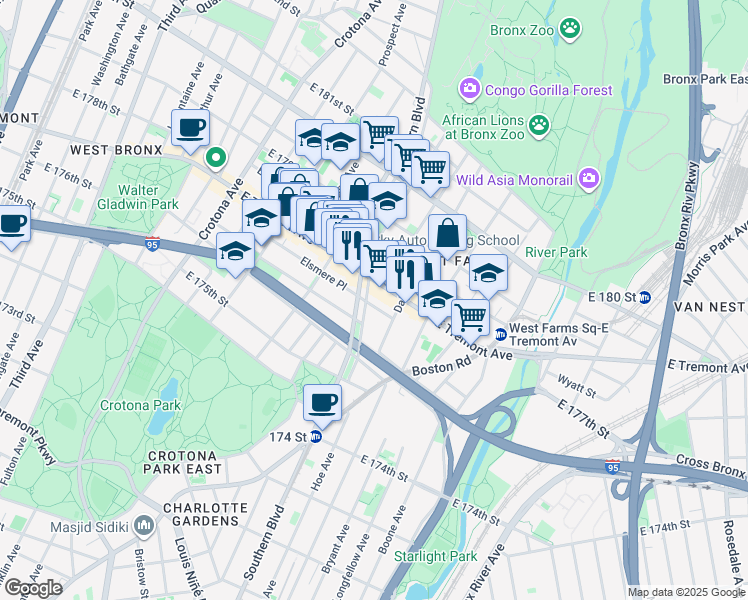 map of restaurants, bars, coffee shops, grocery stores, and more near in The Bronx