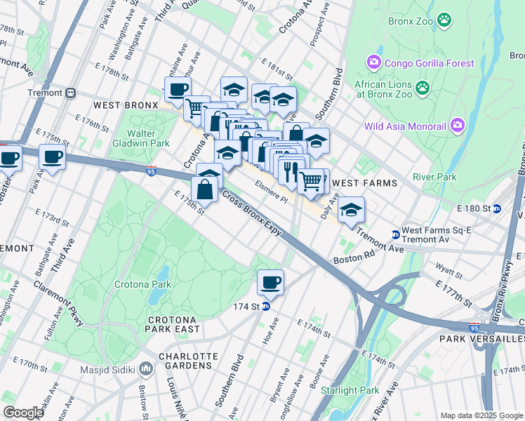 map of restaurants, bars, coffee shops, grocery stores, and more near 806 Fairmount Place in The Bronx