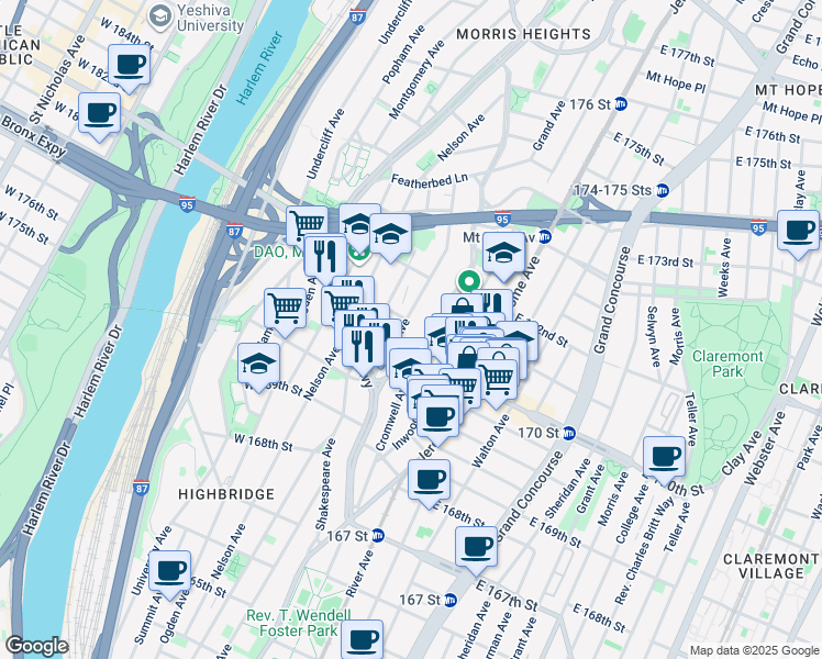 map of restaurants, bars, coffee shops, grocery stores, and more near 1440 Jesup Avenue in Bronx