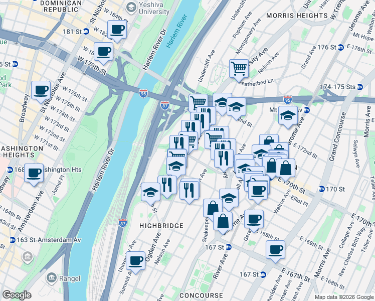 map of restaurants, bars, coffee shops, grocery stores, and more near in The Bronx