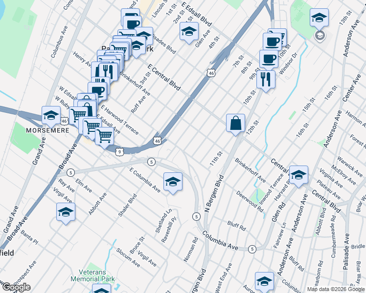 map of restaurants, bars, coffee shops, grocery stores, and more near 216 8th Street in Palisades Park