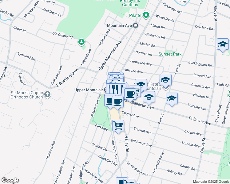 map of restaurants, bars, coffee shops, grocery stores, and more near 623 Valley Road in Montclair