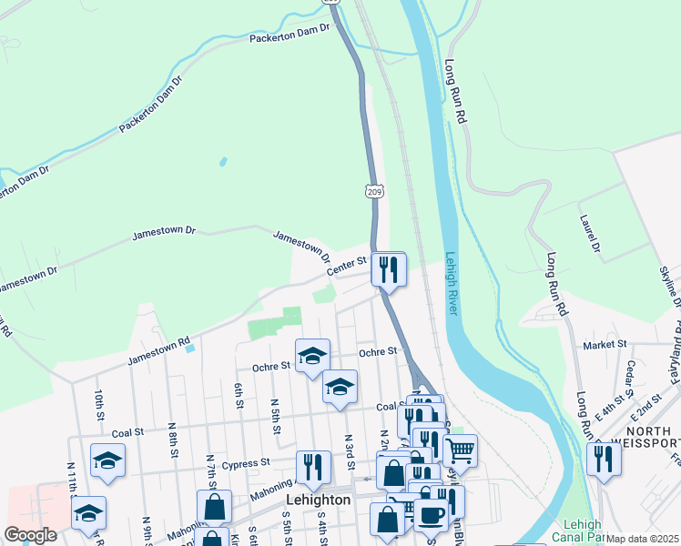 map of restaurants, bars, coffee shops, grocery stores, and more near 148 Jamestown Street in Lehighton