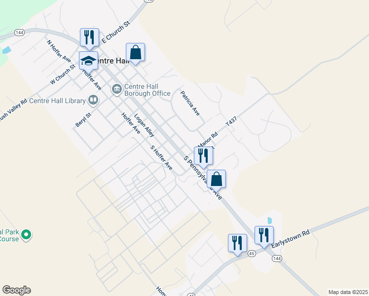 map of restaurants, bars, coffee shops, grocery stores, and more near Miles Alley in Centre Hall