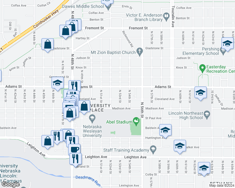 map of restaurants, bars, coffee shops, grocery stores, and more near 2936 North 52nd Street in Lincoln