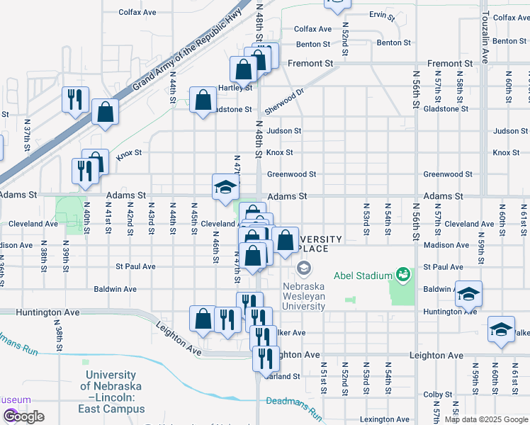 map of restaurants, bars, coffee shops, grocery stores, and more near in Lincoln