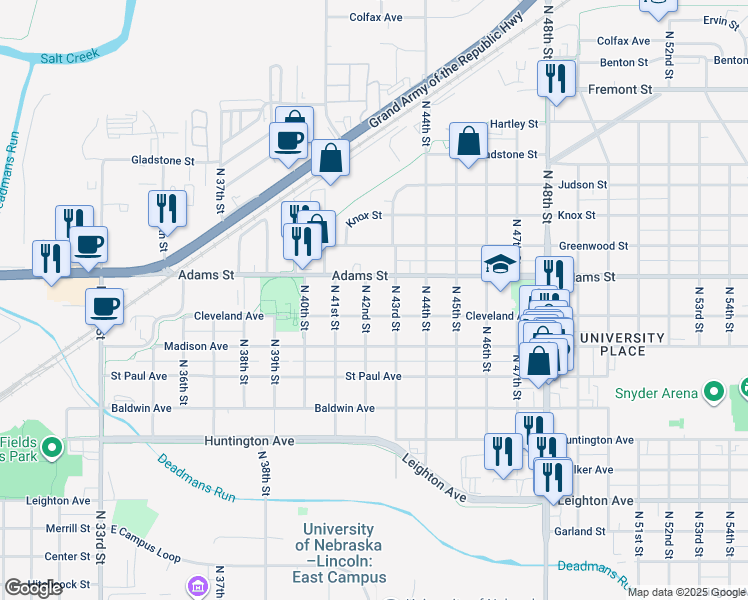 map of restaurants, bars, coffee shops, grocery stores, and more near 2930 North 42nd Street in Lincoln
