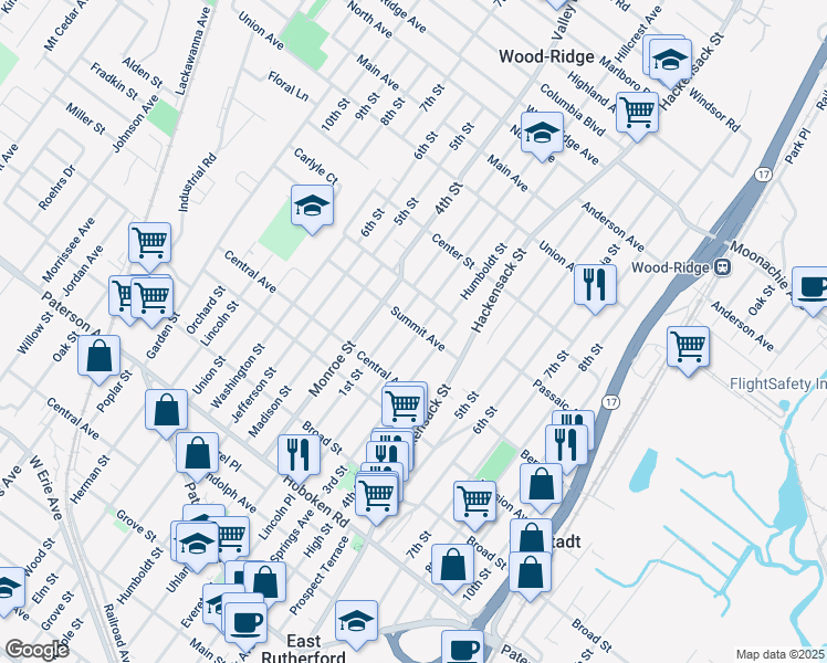 map of restaurants, bars, coffee shops, grocery stores, and more near 566 2nd Street in Carlstadt