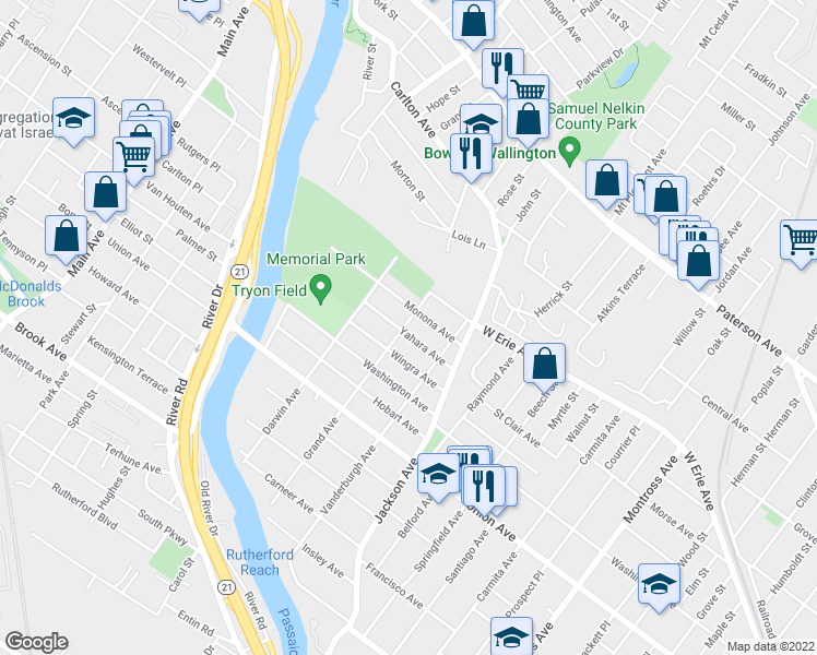 map of restaurants, bars, coffee shops, grocery stores, and more near 36 Yahara Avenue in Rutherford