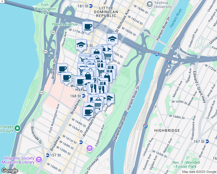 map of restaurants, bars, coffee shops, grocery stores, and more near 271 West 171st Street in New York