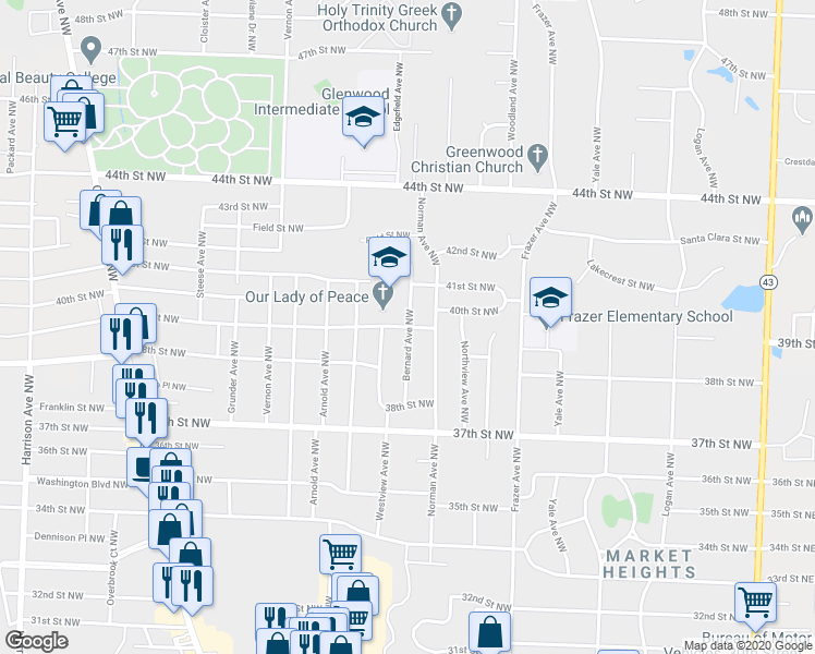 map of restaurants, bars, coffee shops, grocery stores, and more near 3901 Bernard Avenue Northwest in Canton