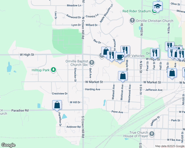 map of restaurants, bars, coffee shops, grocery stores, and more near 138 Bell Ave in Orrville