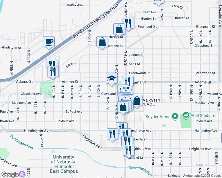 map of restaurants, bars, coffee shops, grocery stores, and more near 2900 North 46th Street in Lincoln