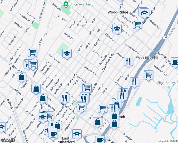 map of restaurants, bars, coffee shops, grocery stores, and more near 566 2nd Street in Carlstadt