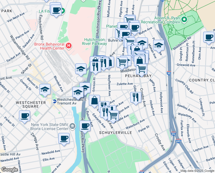map of restaurants, bars, coffee shops, grocery stores, and more near 1537 Mayflower Avenue in The Bronx
