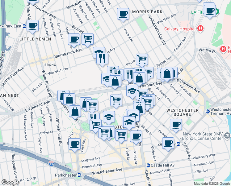 map of restaurants, bars, coffee shops, grocery stores, and more near in The Bronx