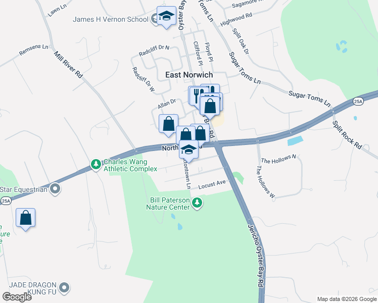 map of restaurants, bars, coffee shops, grocery stores, and more near 6278 Northern Boulevard in East Norwich