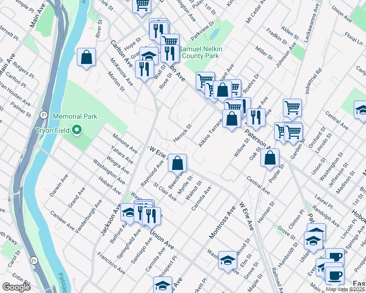 map of restaurants, bars, coffee shops, grocery stores, and more near 81 Glenn Court in East Rutherford