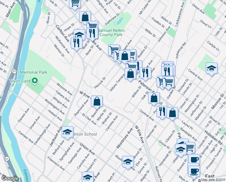 map of restaurants, bars, coffee shops, grocery stores, and more near 74 Atkins Terrace in East Rutherford