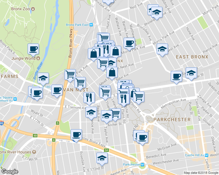 map of restaurants, bars, coffee shops, grocery stores, and more near 628 Baker Avenue in Bronx