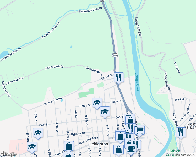 map of restaurants, bars, coffee shops, grocery stores, and more near 220-222 North Center Alley in Lehighton