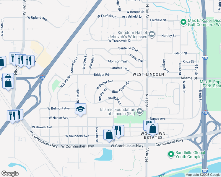 map of restaurants, bars, coffee shops, grocery stores, and more near 424 Blue Flame Road in Lincoln
