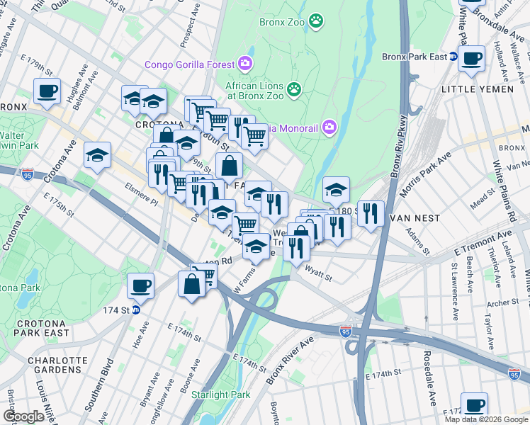 map of restaurants, bars, coffee shops, grocery stores, and more near 7 West Farms Square Plaza in The Bronx