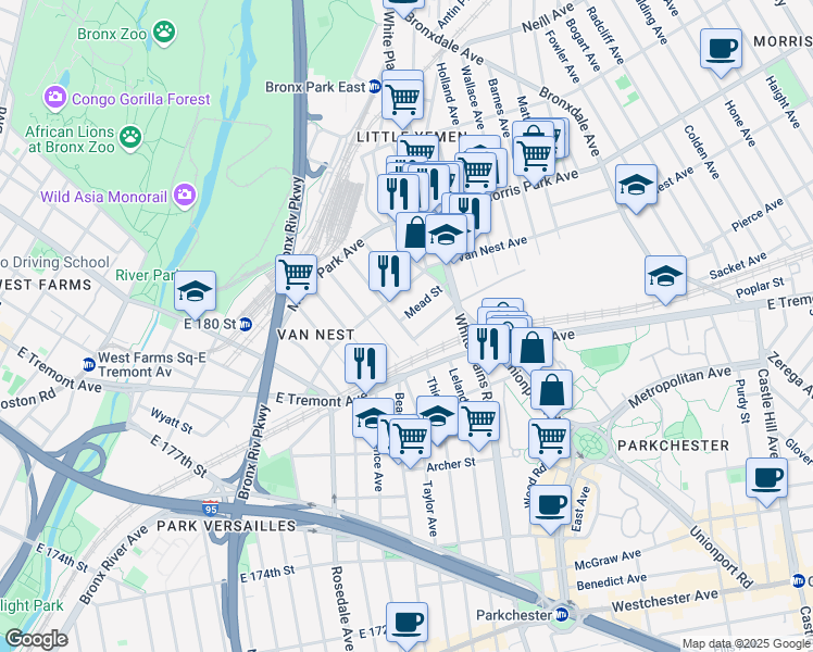 map of restaurants, bars, coffee shops, grocery stores, and more near 1653 Garfield Street in Bronx