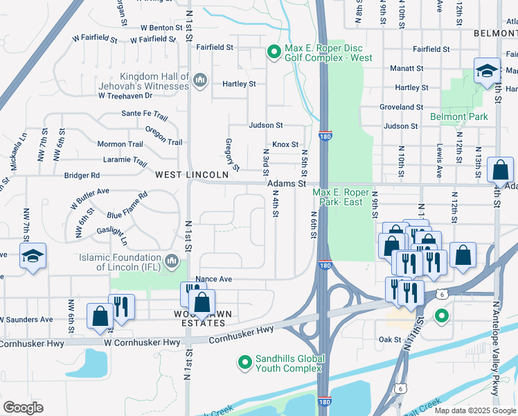 map of restaurants, bars, coffee shops, grocery stores, and more near 2915 Candlewood Lane in Lincoln