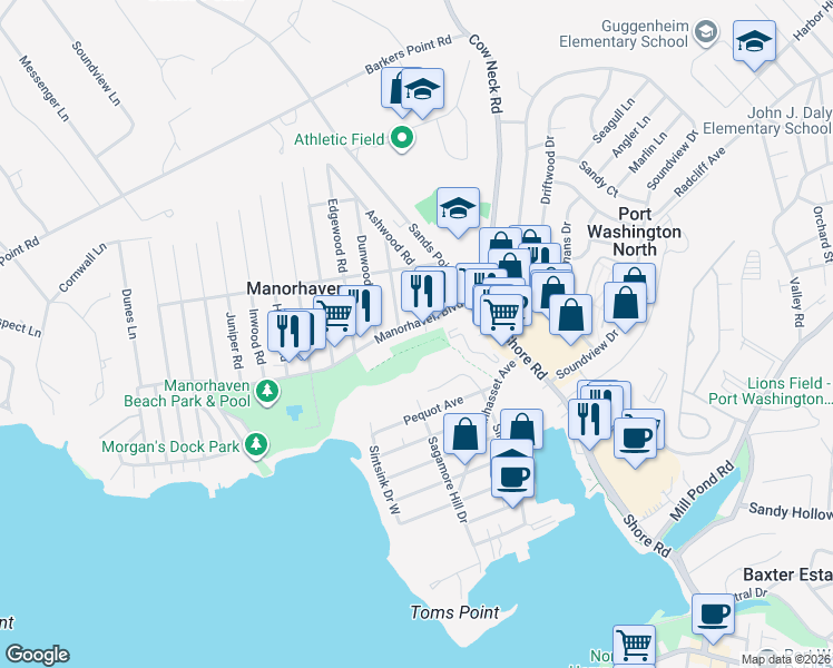 map of restaurants, bars, coffee shops, grocery stores, and more near 30 Manorhaven Boulevard in Port Washington