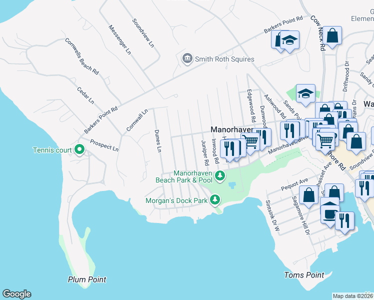 map of restaurants, bars, coffee shops, grocery stores, and more near 24 B Linwood Road North in Sands Point