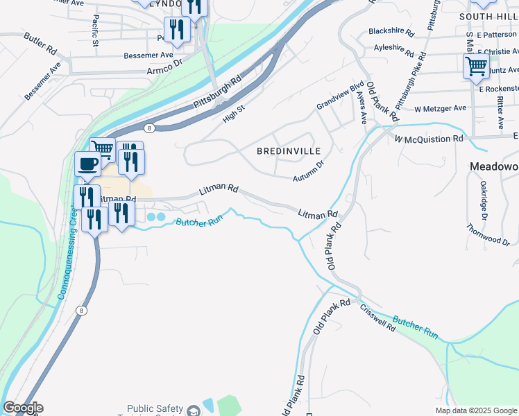 map of restaurants, bars, coffee shops, grocery stores, and more near 208 Litman Road in Butler