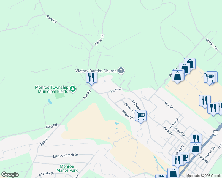 map of restaurants, bars, coffee shops, grocery stores, and more near 5921 Park Road in Selinsgrove