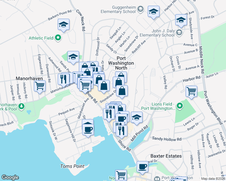 map of restaurants, bars, coffee shops, grocery stores, and more near 22 Soundview Drive in Port Washington