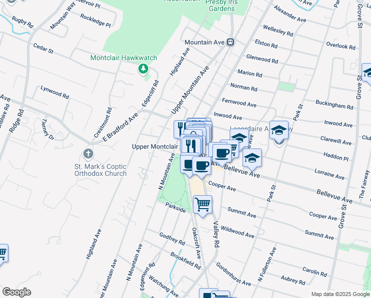 map of restaurants, bars, coffee shops, grocery stores, and more near 270 Bellevue Avenue in Montclair