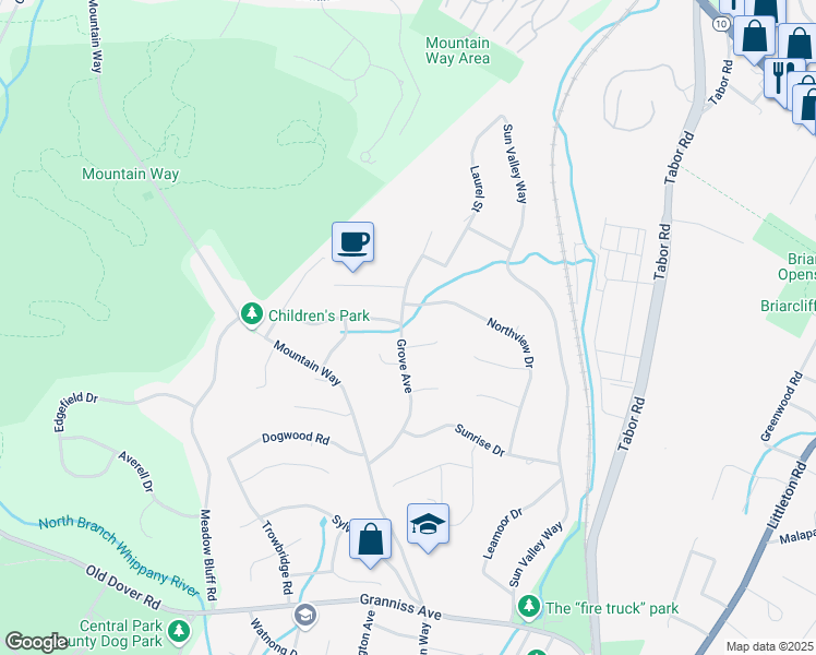 map of restaurants, bars, coffee shops, grocery stores, and more near 55 Grove Avenue in Morris Plains