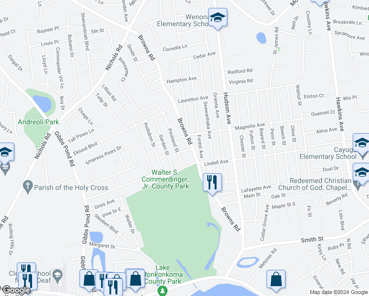 map of restaurants, bars, coffee shops, grocery stores, and more near 26 Oakdale Avenue in Nesconset