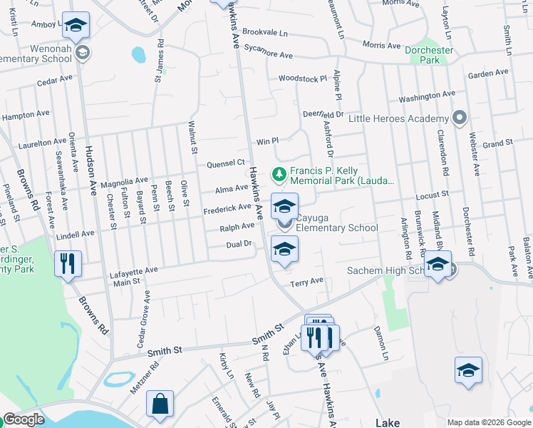 map of restaurants, bars, coffee shops, grocery stores, and more near 883 Hawkins Avenue in Lake Grove