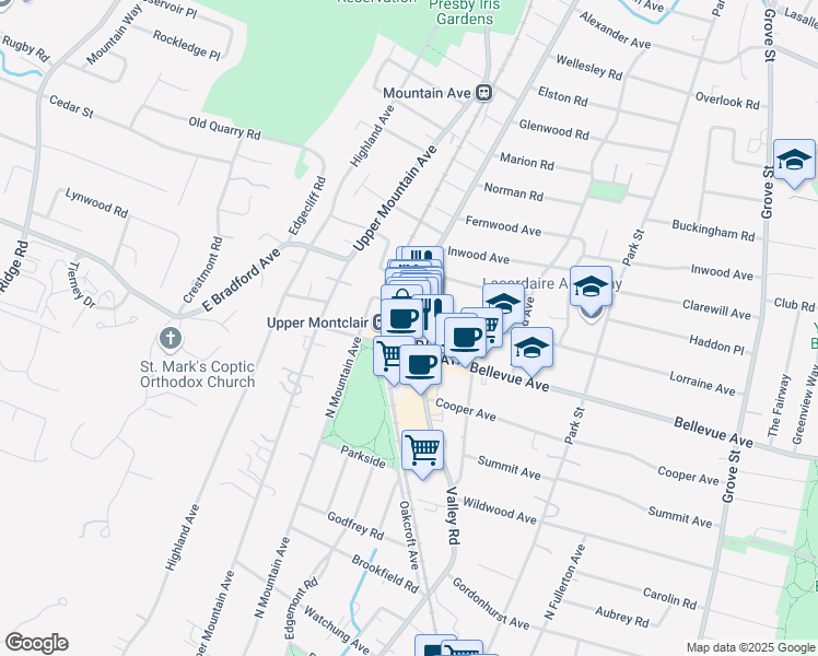map of restaurants, bars, coffee shops, grocery stores, and more near 623 Valley Road in Montclair