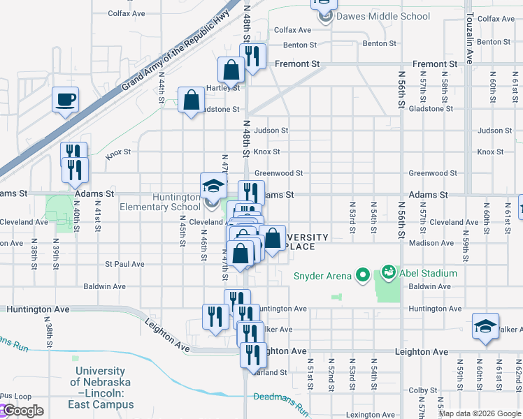 map of restaurants, bars, coffee shops, grocery stores, and more near 2949 North 49th Street in Lincoln