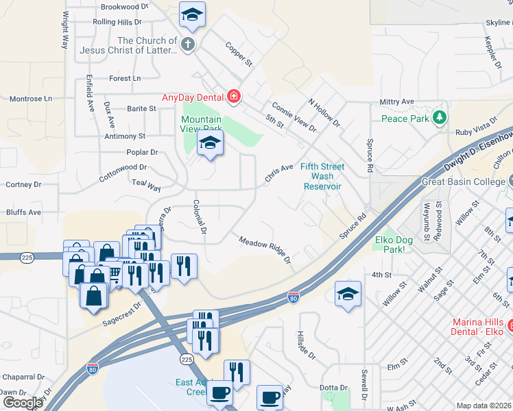 map of restaurants, bars, coffee shops, grocery stores, and more near 2214 Sierra Drive in Elko