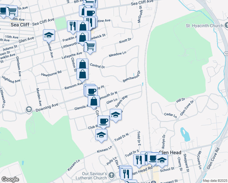map of restaurants, bars, coffee shops, grocery stores, and more near 95 Plymouth Drive North in Glen Head