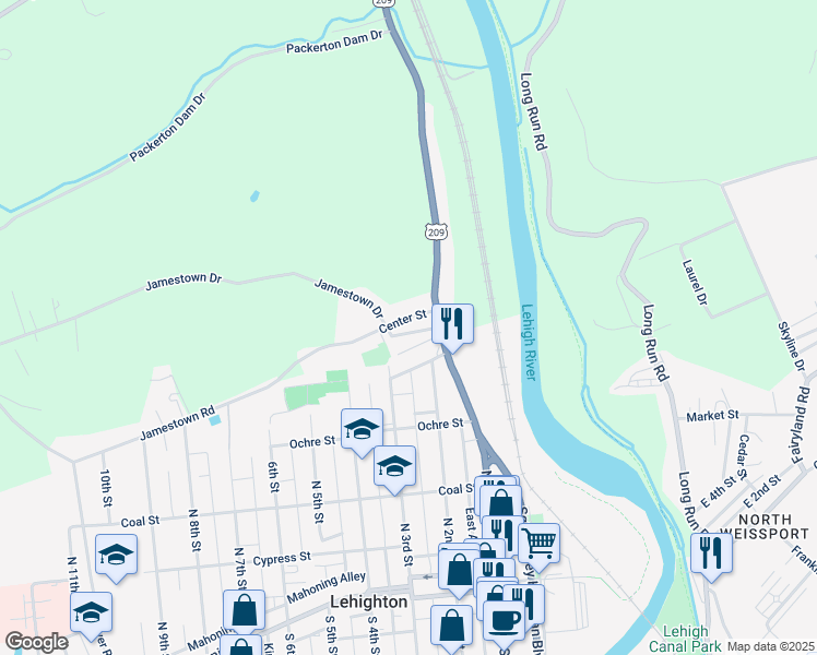 map of restaurants, bars, coffee shops, grocery stores, and more near 134 Jamestown Street in Lehighton
