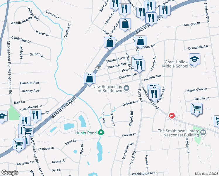 map of restaurants, bars, coffee shops, grocery stores, and more near 62 Annette Avenue in Smithtown